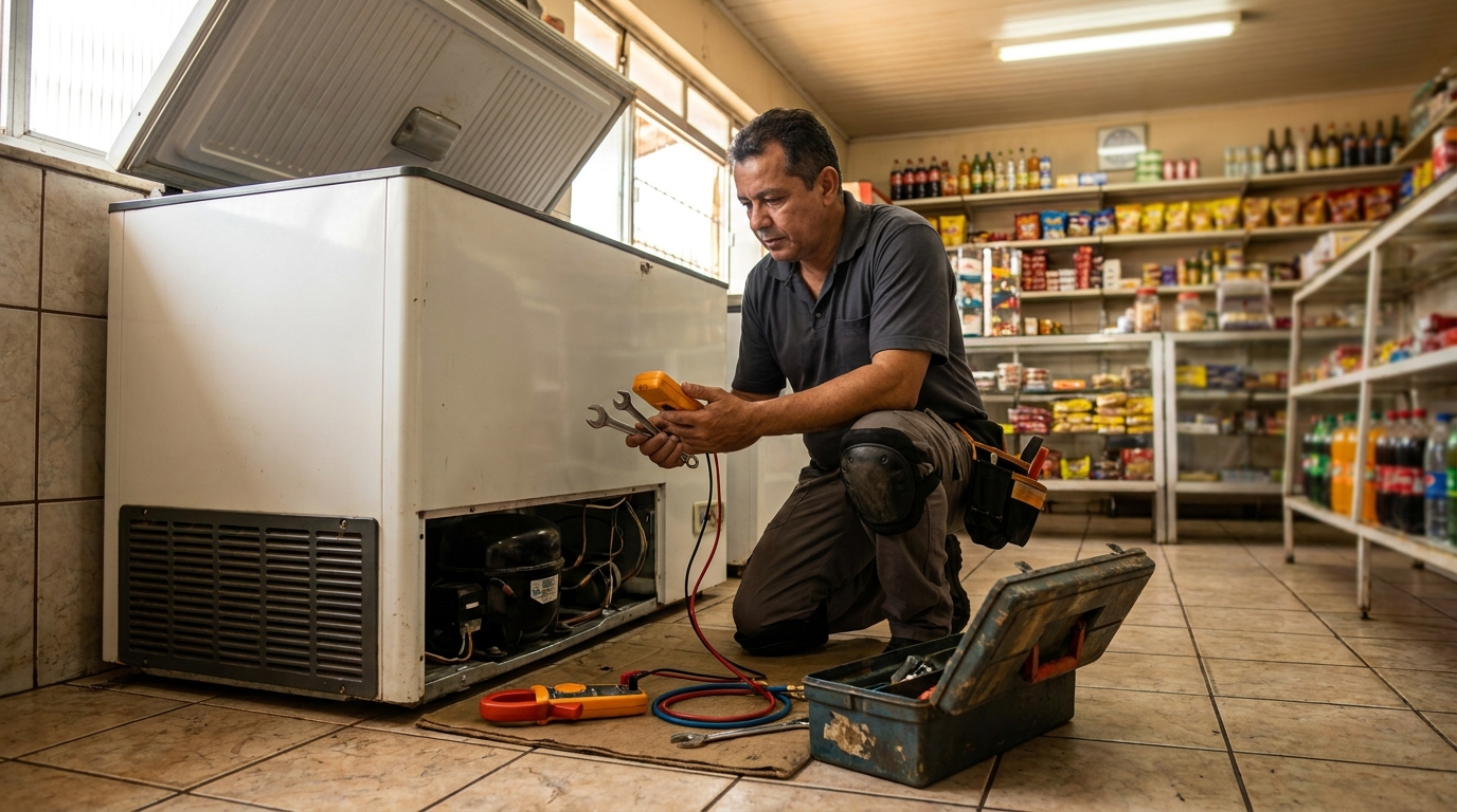 Técnico realizando manutenção de motor de freezer em Governador Valadares‑MG