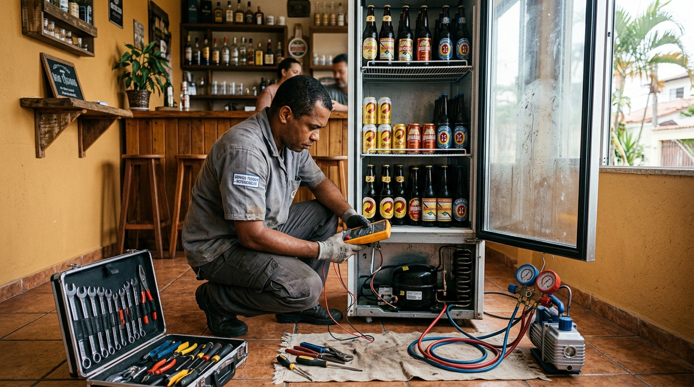 Troca de termostato de cervejeira em atendimento técnico em Governador Valadares‑MG