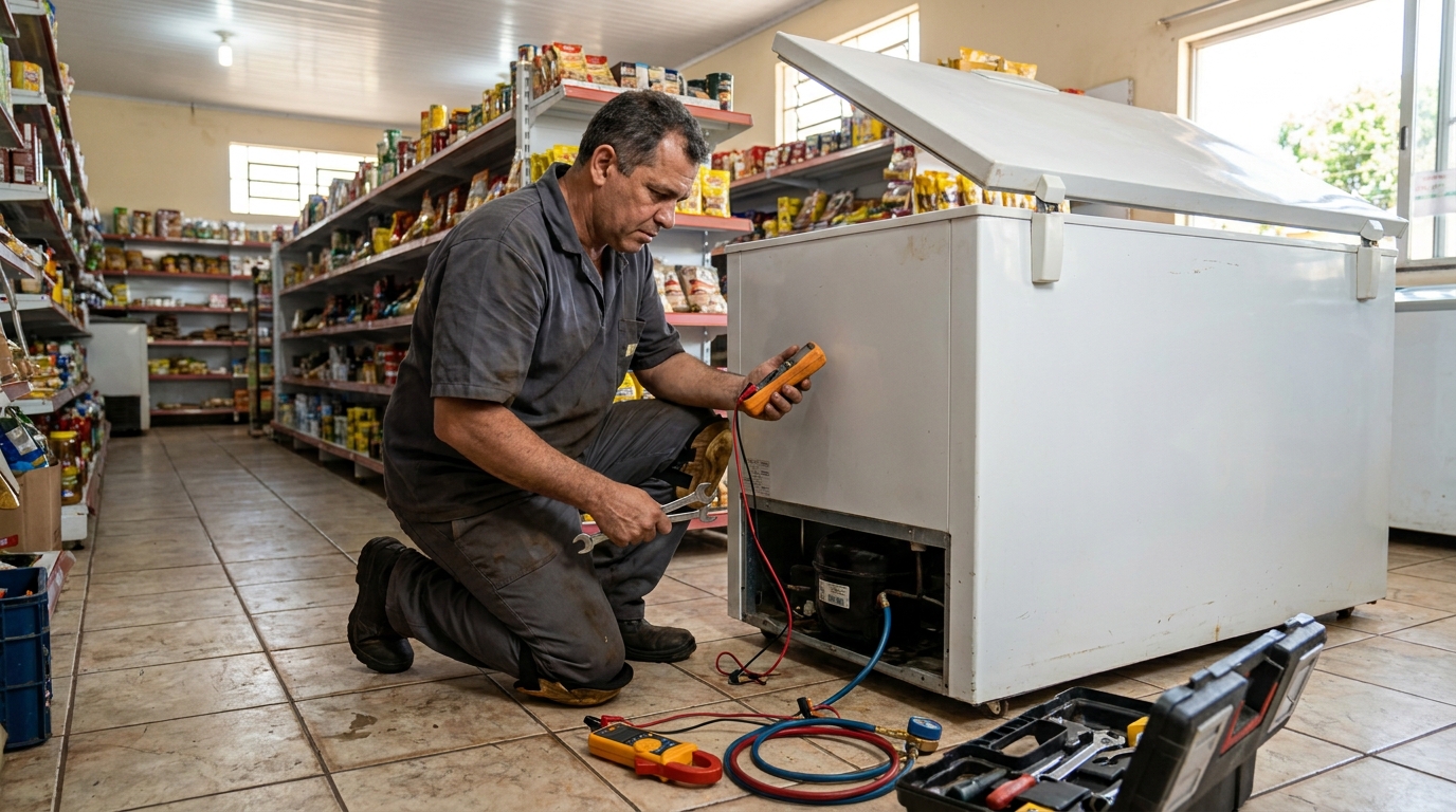 Troca de termostato de freezer em atendimento técnico em Governador Valadares‑MG